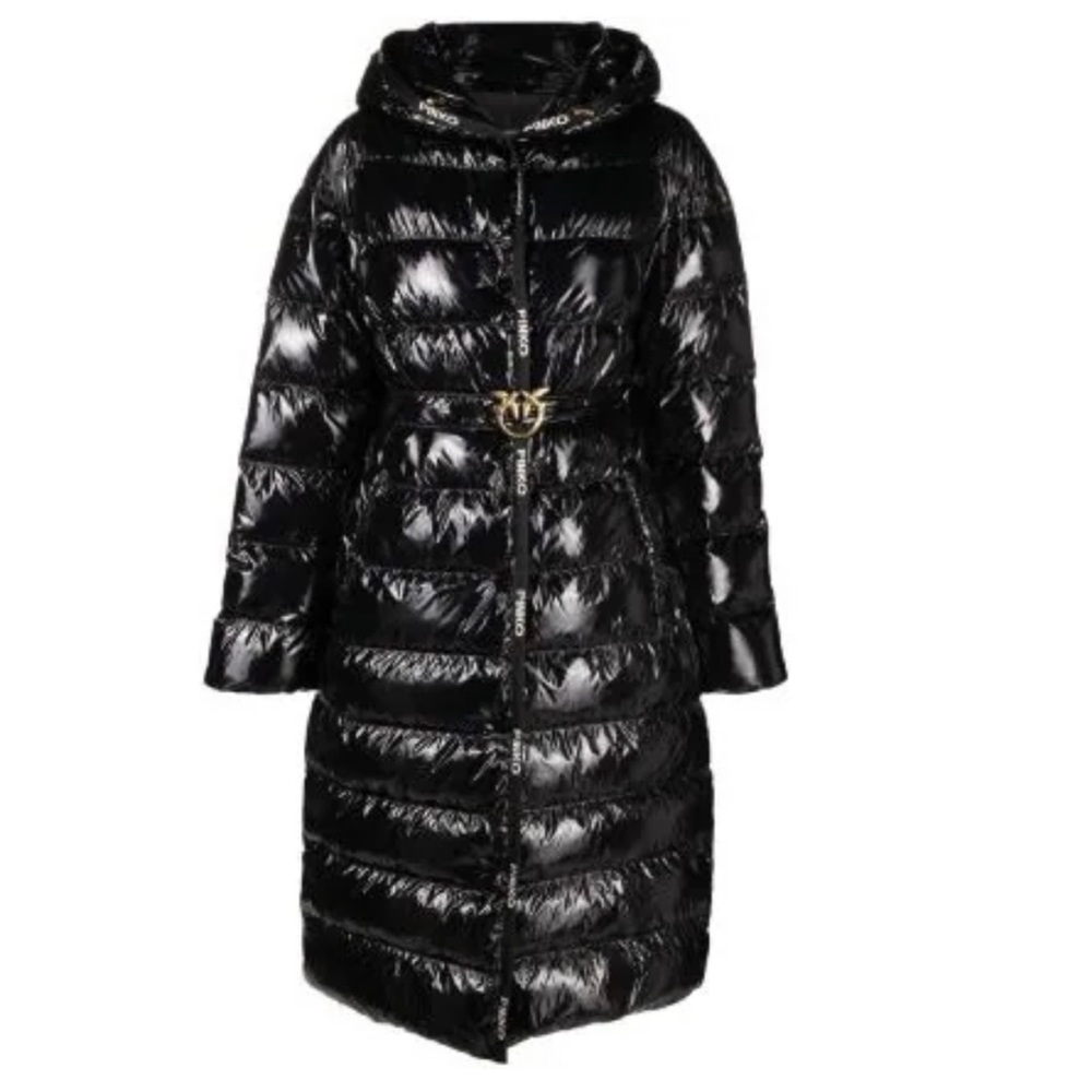 PINKO shiny black belted hooded coat